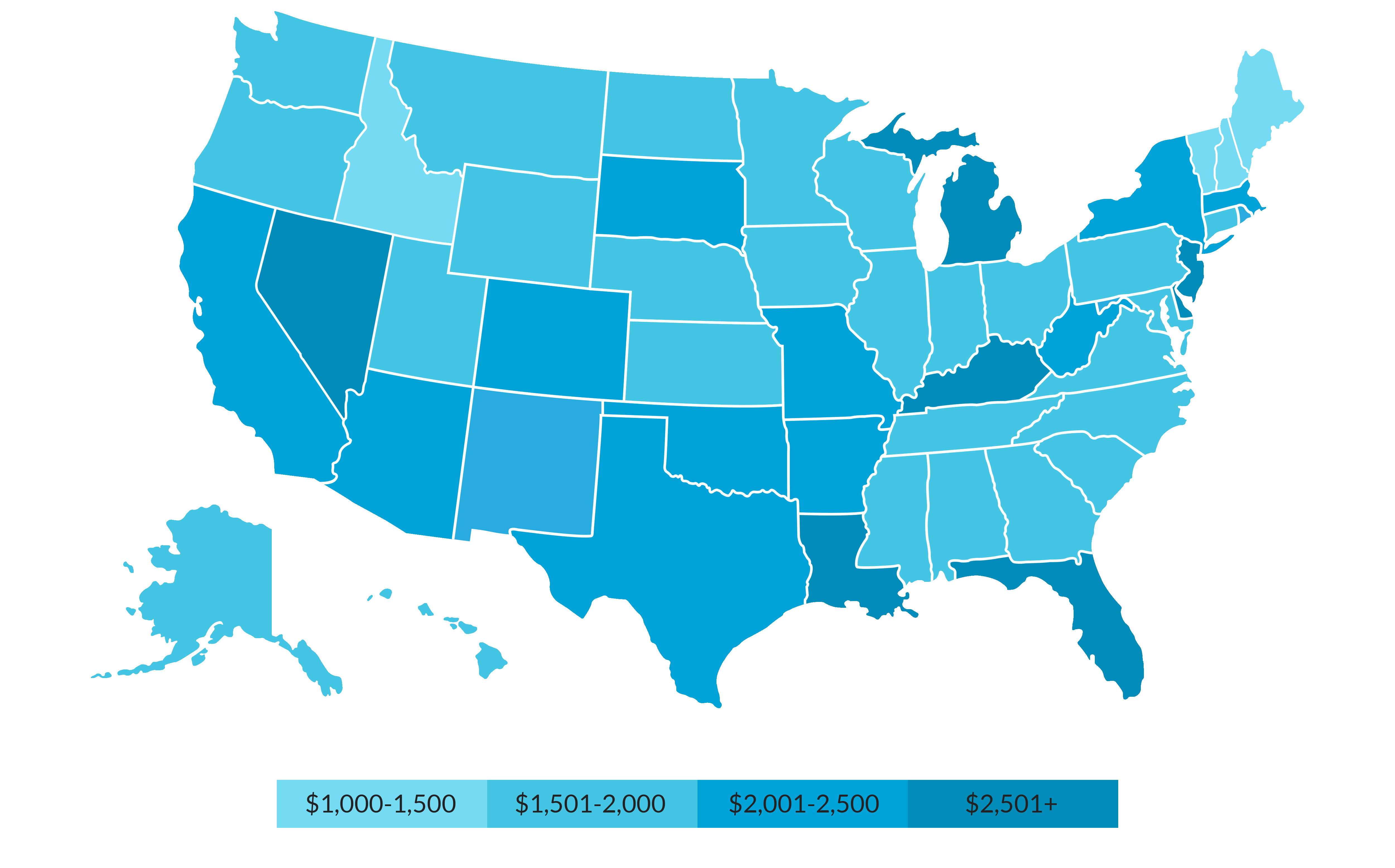Map showing the average price of car insurance in each United States state