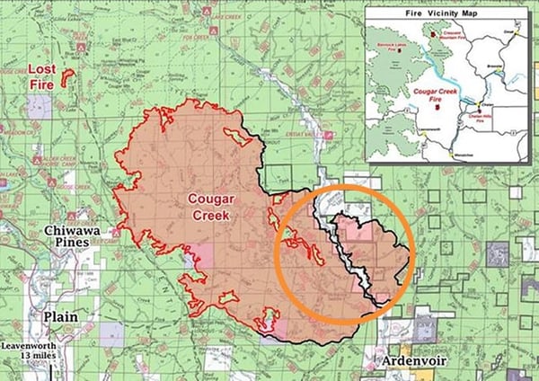 A map of the Cougar Creek fire