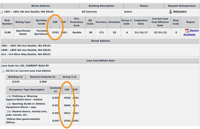 Loss cost circled in the WSRB Loss Cost look up