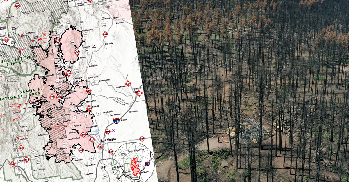 New Mexico Fire Calf Canyon-Hermits Peak map and image of the burn zone