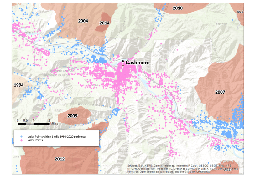 A map of Cashmere, WA and historic wildfire perimeters