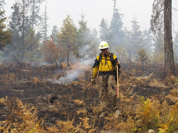 A firefighter monitors a controlled burn