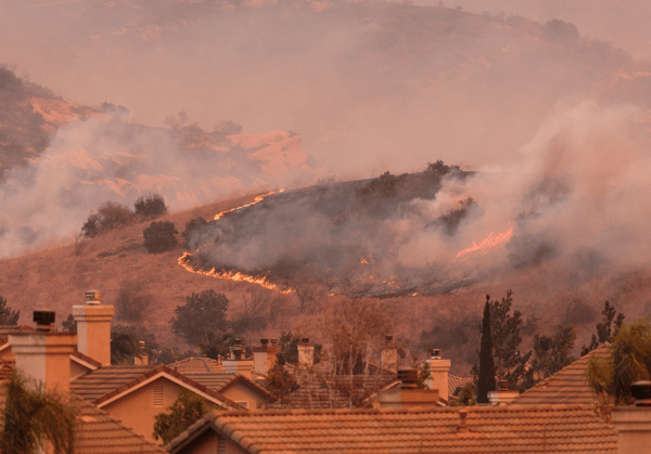 Wildfire burning vegetation on a hill behind houses