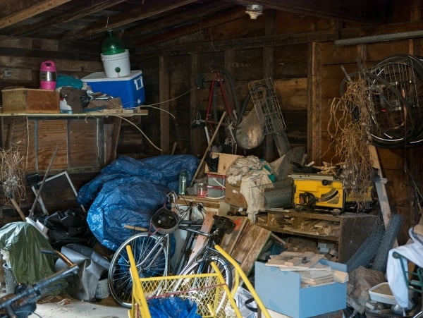 Debris pile next to a commercial building