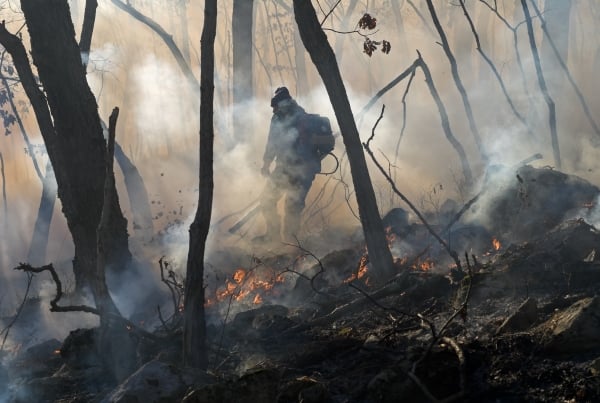 A firefighter fights a wildfire