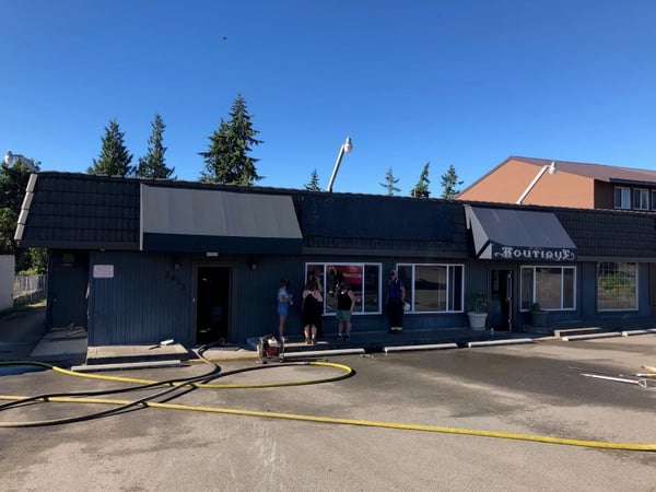 A cannabis processing facility seen from the exterior after a fire