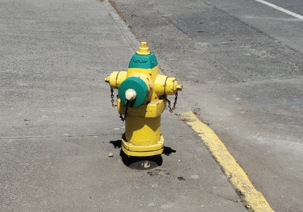 Fire hydrant with yellow body and green top and nozzle cap