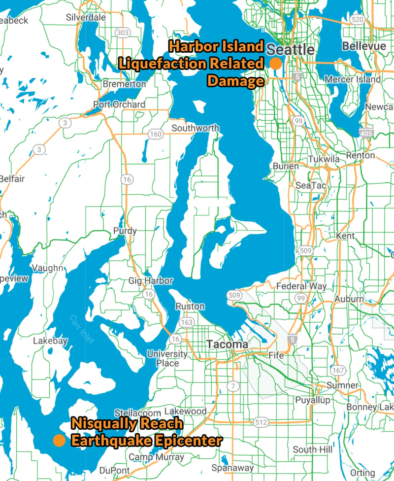 liquefaction damage map from 2001 nisqually earthquake