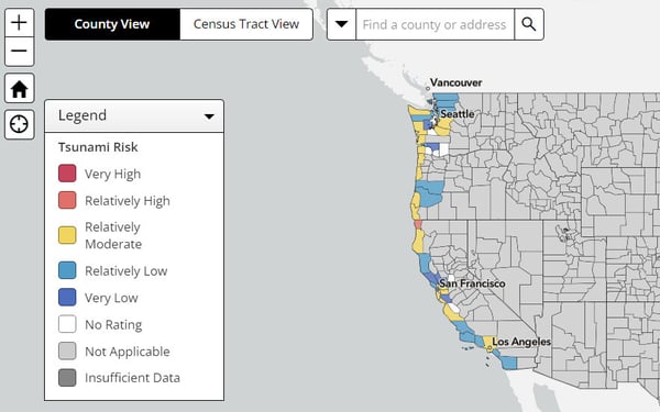 Tsunami vulnerability map on the west coast of the United States